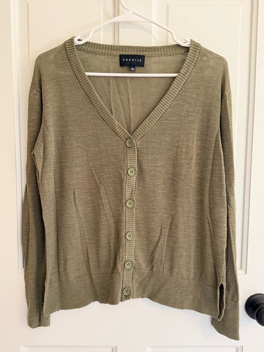 Premise Linen Rayon Olive Green Button Front Cardigan Sweater L